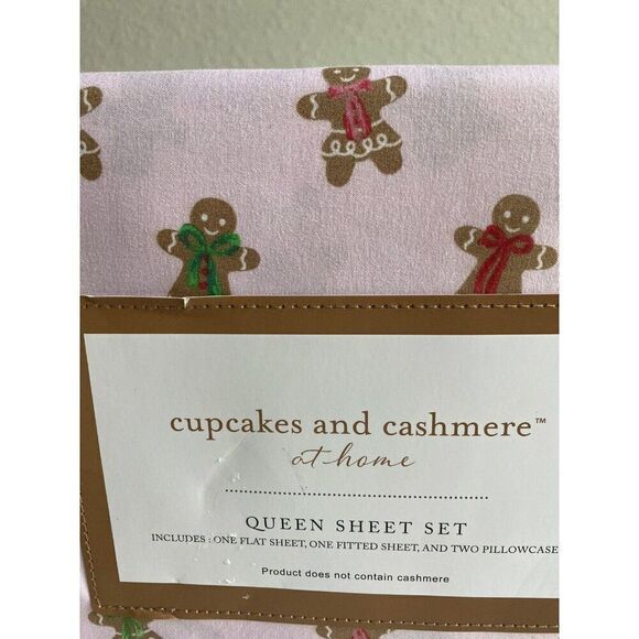 Cupcakes & Cashmere QUEEN SIZE Pink Gingerbread Cookie Christmas Sheet Set NEW - Picture 4 of 12